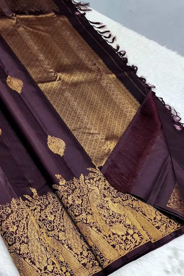 Dark Wine Banarasi Soft Silk Saree with Gold Leaf Buttas and Large Paisley Zari Border  in Surat
