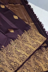 Dark Wine Banarasi Soft Silk Saree with Gold Leaf Buttas and Large Paisley Zari Border  in Surat