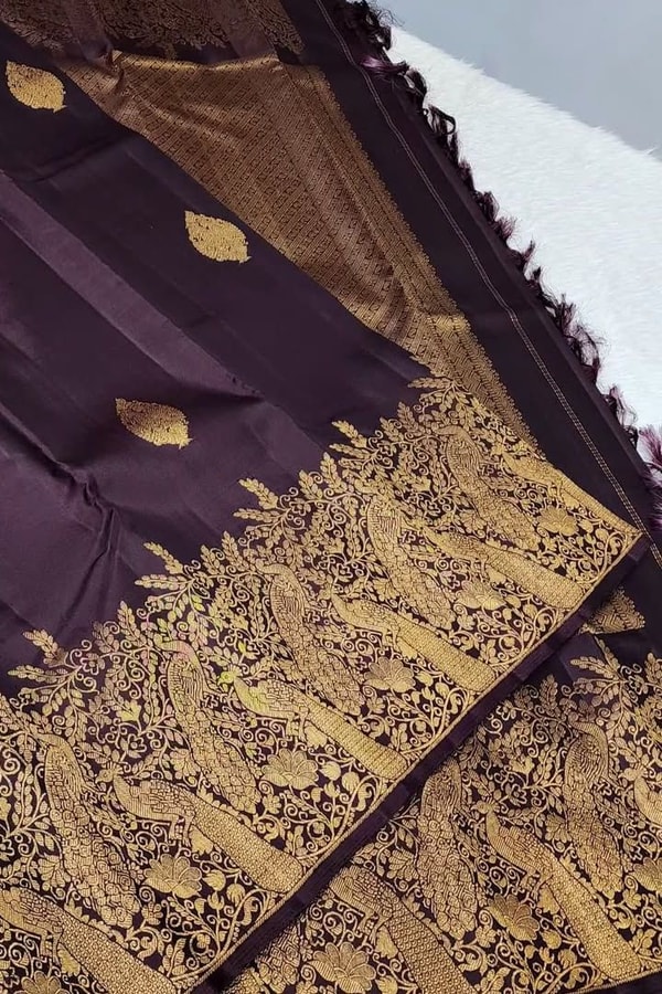 Dark Wine Banarasi Soft Silk Saree with Gold Leaf Buttas and Large Paisley Zari Border  in Surat