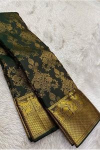 Deep Green Banarasi Soft Silk Saree with All-Over Gold Zari Floral Brocade Jaal  in Surat