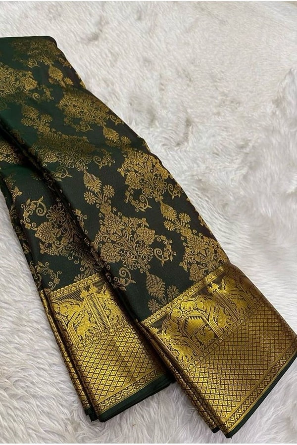 Deep Green Banarasi Soft Silk Saree with All-Over Gold Zari Floral Brocade Jaal  in Surat
