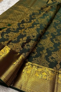 Deep Green Banarasi Soft Silk Saree with All-Over Gold Zari Floral Brocade Jaal  in Surat