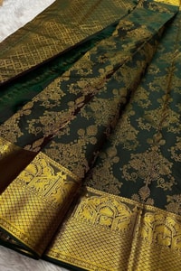 Deep Green Banarasi Soft Silk Saree with All-Over Gold Zari Floral Brocade Jaal  in Surat