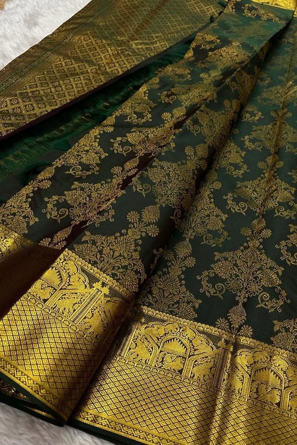 Deep Green Banarasi Soft Silk Saree with All-Over Gold Zari Floral Brocade Jaal  in Surat