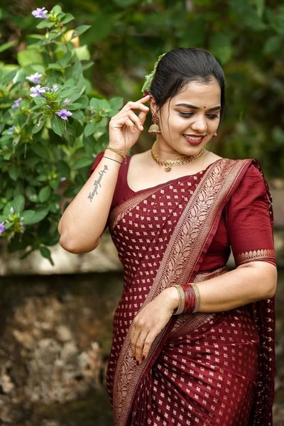 Deep Maroon Banarasi Soft Silk Saree with All-Over Gold Zari Buttis and Gold Border in Surat