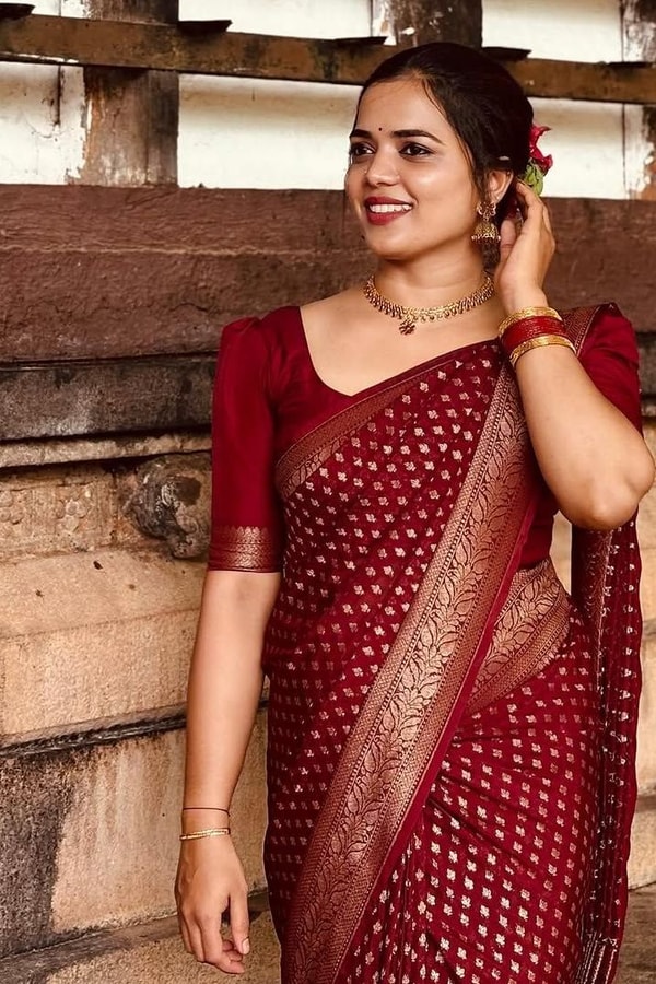 Deep Maroon Banarasi Soft Silk Saree with All-Over Gold Zari Buttis and Gold Border  in Surat
