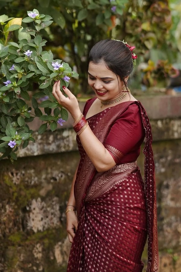 Deep Maroon Banarasi Soft Silk Saree with All-Over Gold Zari Buttis and Gold Border  in Surat