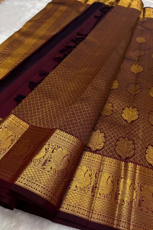Deep Maroon Banarasi Soft Silk Saree with Zari Lattice, Floral Buttas and Annam Border  in Surat