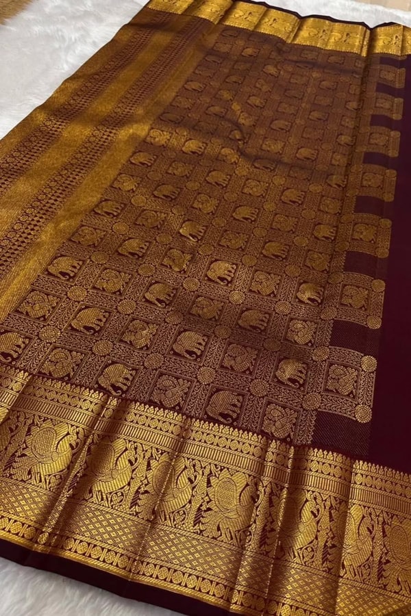 Deep Maroon Banarasi Soft Silk Saree with Zari Lattice, Floral Buttas and Annam Border  in Surat