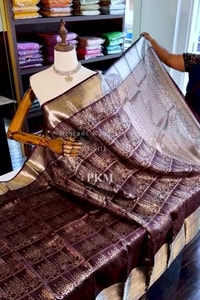 Deep Plum Banarasi Soft Silk Saree with Heavy Silver Zari Floral Weave and Grand Pallu  in Surat