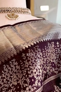 Deep Plum Banarasi Soft Silk Saree with Heavy Silver Zari Floral Weave and Grand Pallu  in Surat
