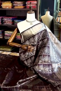 Deep Plum Banarasi Soft Silk Saree with Heavy Silver Zari Floral Weave and Grand Pallu  in Surat