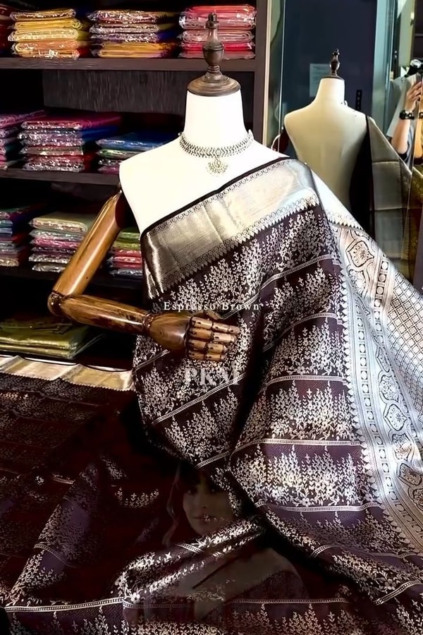 Deep Plum Banarasi Soft Silk Saree with Heavy Silver Zari Floral Weave and Grand Pallu  in Surat