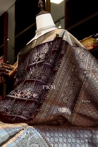 Deep Plum Banarasi Soft Silk Saree with Heavy Silver Zari Floral Weave and Grand Pallu  in Surat