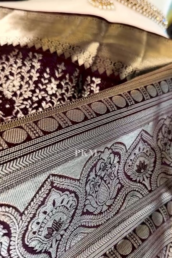 Deep Plum Banarasi Soft Silk Saree with Heavy Silver Zari Floral Weave and Grand Pallu  in Surat