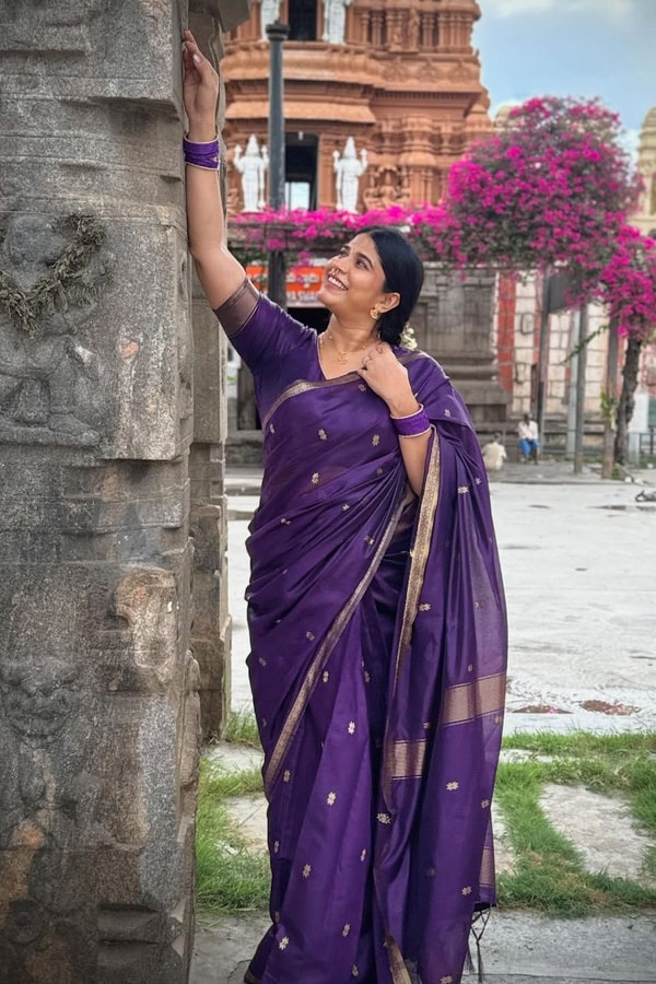 Deep Purple Saree with Scattered Gold Zari Buttis and Fine Zari Border  in Surat