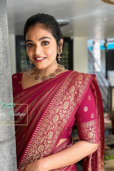 Deep Rani Maroon Banarasi Soft Silk Saree with Gold Zari Diagonal Floral Stripes in Surat