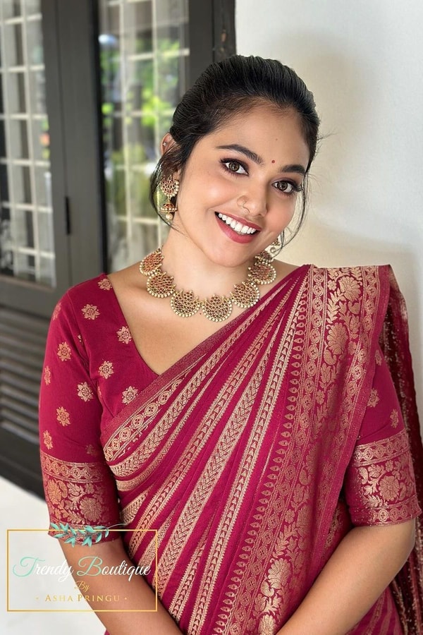 Deep Rani Maroon Banarasi Soft Silk Saree with Gold Zari Diagonal Floral Stripes  in Surat