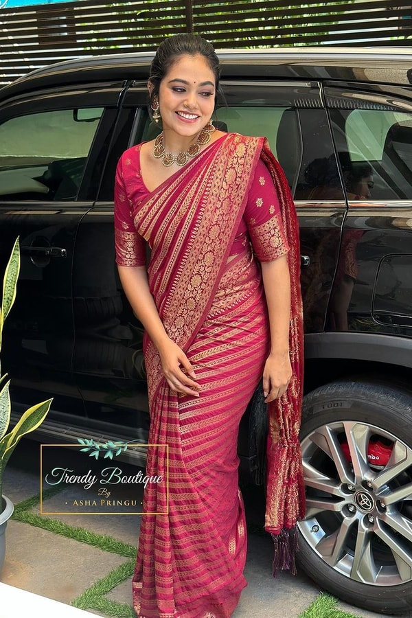 Deep Rani Maroon Banarasi Soft Silk Saree with Gold Zari Diagonal Floral Stripes  in Surat