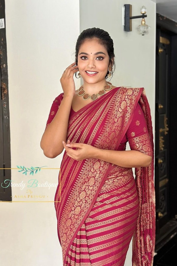Deep Rani Maroon Banarasi Soft Silk Saree with Gold Zari Diagonal Floral Stripes  in Surat