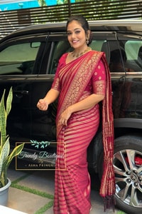 Deep Rani Maroon Banarasi Soft Silk Saree with Gold Zari Diagonal Floral Stripes  in Surat
