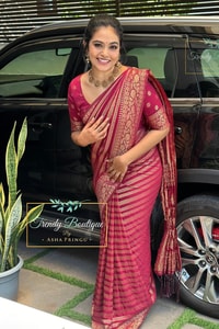Deep Rani Maroon Banarasi Soft Silk Saree with Gold Zari Diagonal Floral Stripes  in Surat