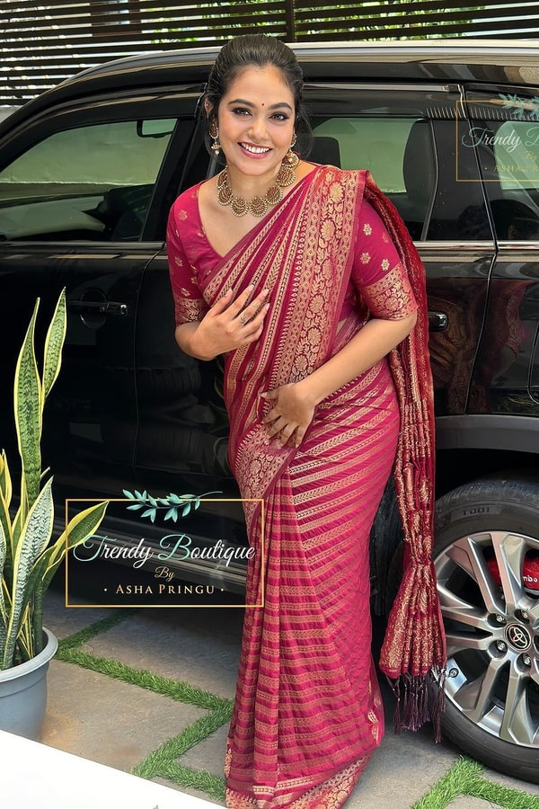 Deep Rani Maroon Banarasi Soft Silk Saree with Gold Zari Diagonal Floral Stripes  in Surat