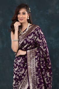 Deep Wine Banarasi Soft Silk Saree with All-Over Zari Paisley Jaal and Broad Woven Border  in Surat