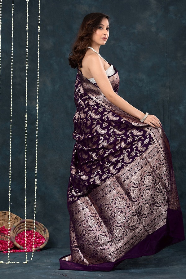 Deep Wine Banarasi Soft Silk Saree with All-Over Zari Paisley Jaal and Broad Woven Border  in Surat