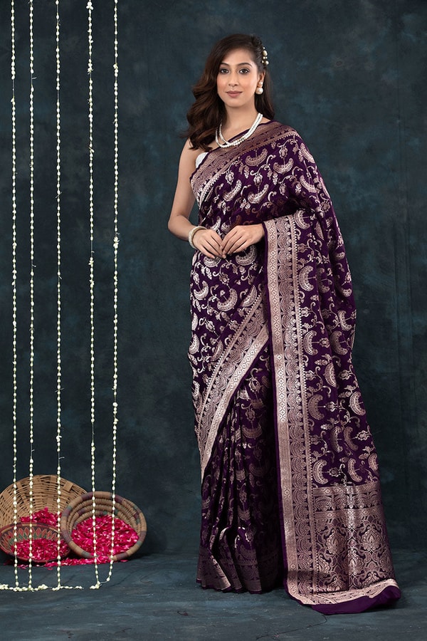Deep Wine Banarasi Soft Silk Saree with All-Over Zari Paisley Jaal and Broad Woven Border  in Surat