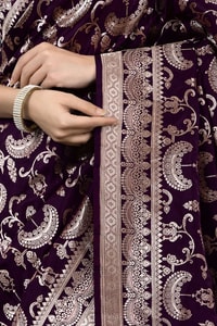 Deep Wine Banarasi Soft Silk Saree with All-Over Zari Paisley Jaal and Broad Woven Border  in Surat