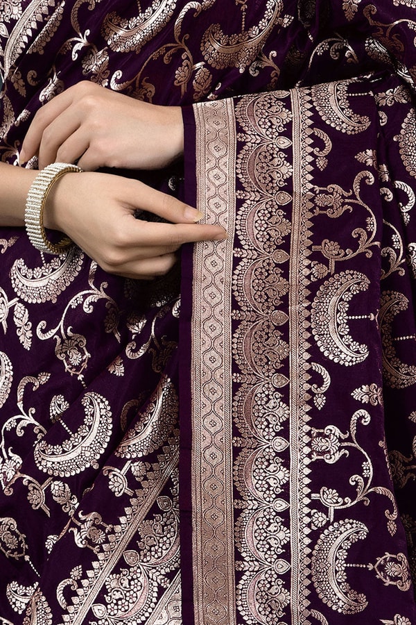 Deep Wine Banarasi Soft Silk Saree with All-Over Zari Paisley Jaal and Broad Woven Border  in Surat