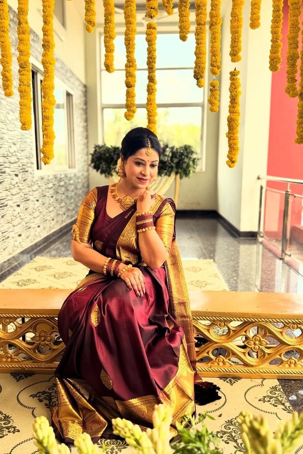 Deep Wine Banarasi Soft Silk Saree with Gold Zari Border, Small Buttis and Rich Pallu  in Surat