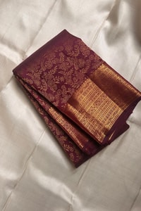 Deep Wine Banarasi Soft Silk Saree with Gold Zari Floral Jaal and Striped Gold Pallu  in Surat