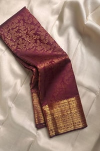 Deep Wine Banarasi Soft Silk Saree with Gold Zari Floral Jaal and Striped Gold Pallu  in Surat