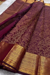 Deep Wine Banarasi Soft Silk Saree with Gold Zari Floral Jaal and Striped Gold Pallu  in Surat