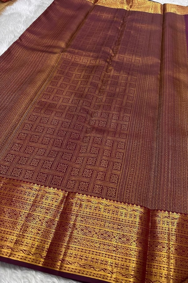 Deep Wine Banarasi Soft Silk Saree with Gold Zari Floral Jaal and Striped Gold Pallu  in Surat