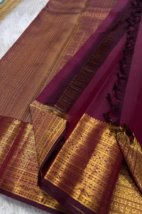 Deep Wine Banarasi Soft Silk Saree with Gold Zari Floral Jaal and Striped Gold Pallu  in Surat