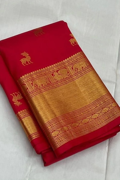 Deer Butti Banarasi Soft Silk Saree with Wide Gold Zari Border in Red and Wine in Surat