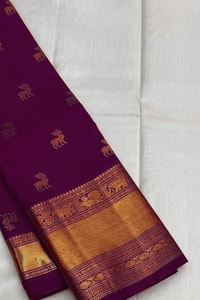 Deer Butti Banarasi Soft Silk Saree with Wide Gold Zari Border in Red and Wine  in Surat