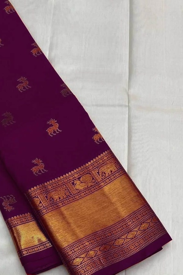 Deer Butti Banarasi Soft Silk Saree with Wide Gold Zari Border in Red and Wine  in Surat