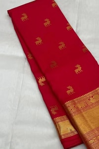 Deer Butti Banarasi Soft Silk Saree with Wide Gold Zari Border in Red and Wine  in Surat