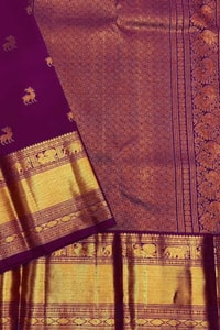 Deer Butti Banarasi Soft Silk Saree with Wide Gold Zari Border in Red and Wine  in Surat
