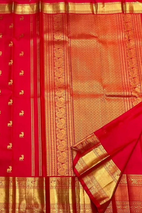 Deer Butti Banarasi Soft Silk Saree with Wide Gold Zari Border in Red and Wine  in Surat
