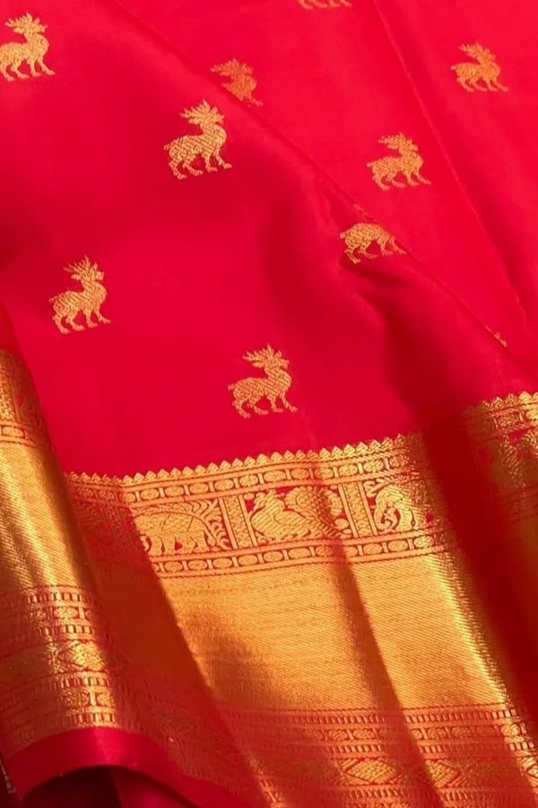Deer Butti Banarasi Soft Silk Saree with Wide Gold Zari Border in Red and Wine  in Surat