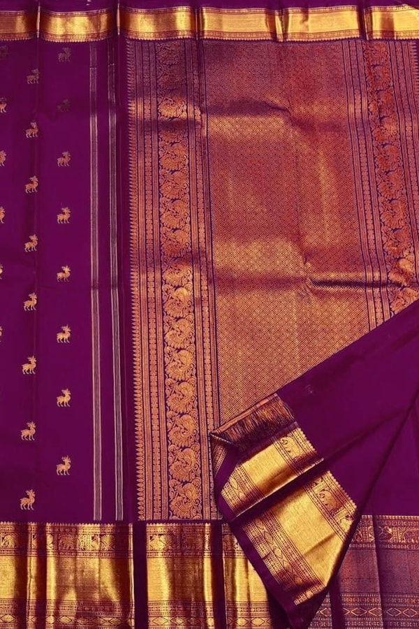 Deer Butti Banarasi Soft Silk Saree with Wide Gold Zari Border in Red and Wine  in Surat