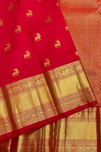 Deer Butti Banarasi Soft Silk Saree with Wide Gold Zari Border in Red and Wine  in Surat