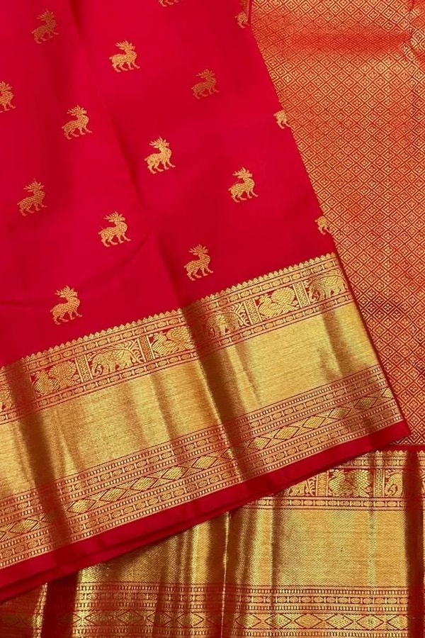 Deer Butti Banarasi Soft Silk Saree with Wide Gold Zari Border in Red and Wine  in Surat