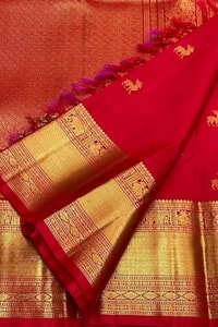 Deer Butti Banarasi Soft Silk Saree with Wide Gold Zari Border in Red and Wine  in Surat