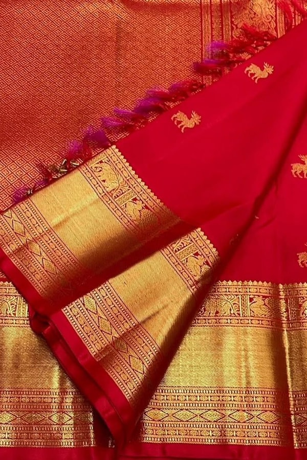 Deer Butti Banarasi Soft Silk Saree with Wide Gold Zari Border in Red and Wine  in Surat